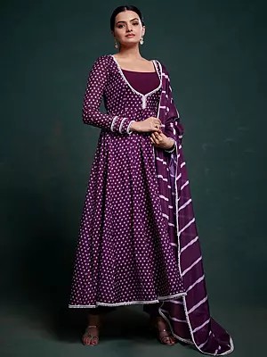 Bleached-Cedar Organza Printed Designer Anarkali Suit With Strip Pattern Dupatta