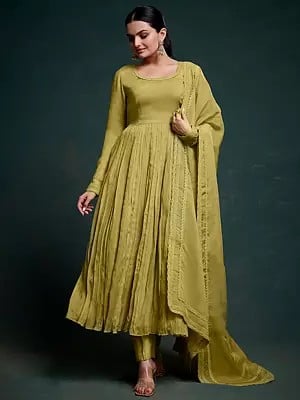 Dark-Sand Organza Solid Designer Anarkali Suit With Dupatta