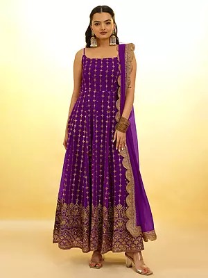 Deep-Violet Organza Designer Embroidered Anarkali Suit With Matching Dupatta