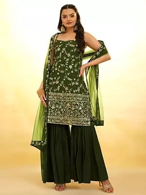 Rifle-Green Georgette Embroidered Designer Salwar Suit With Net Dupatta