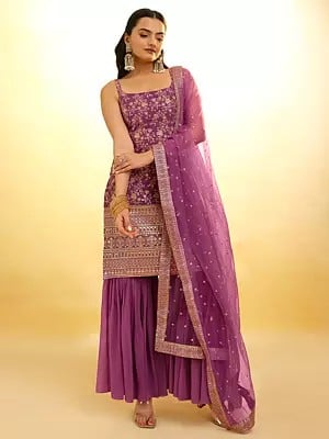 Dark-Raspberry Georgette Flower Embroidered Designer Salwar Suit With Net Dupatta