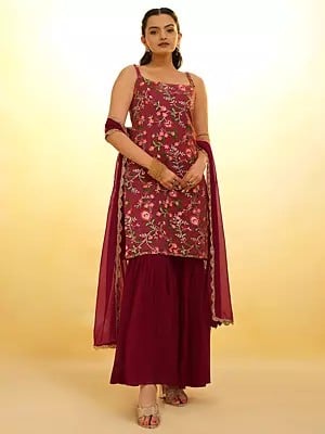 Vivid-Burgundy Net Flower And Leaf Embroidered Designer Salwar Suit With Dupatta