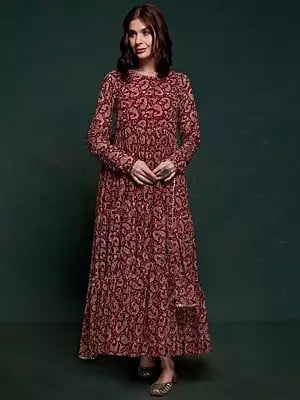 Rustic-Red Organza Paisleys Printed Long Designer Gown With Matching Dupatta