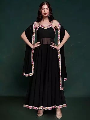 Black Georgette Solid Designer Suit With Flower Border Dupatta For Casual Occasion