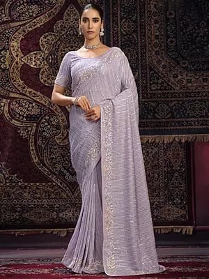 Languid-Lavender Georgette Sequins , Zarkan & Thread Work With Flower Border Saree For Casual Occasion