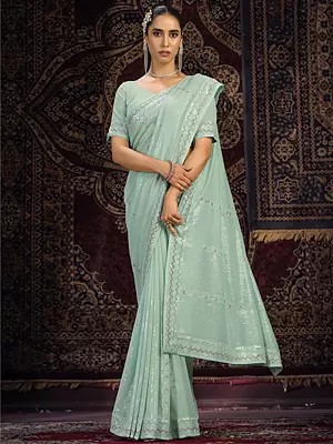 Shadow-Green Georgette Sequins & Zarkan With Mirror Work Saree For Casual Occasion