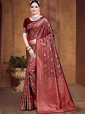 Designer Banarasi Silk Floral Woven Work Saree With Blouse & Tassels Pallu For Wedding Occasion