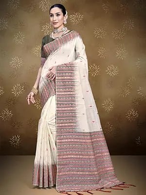 Cotton Stripe Pattern Border Saree With Blouse & Tassels Pallu For Casual Occasion