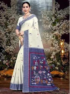 Cotton Warli Art On Border Saree With Blouse & Tassels Pallu For Casual Occasion