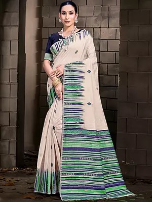 Strip Border Cotton Saree With Blouse & Tassels Pallu For Casual Occasion