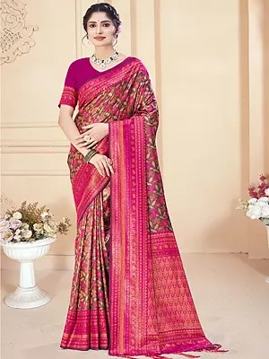 Silk Flower And Leaf Pattern Designer Saree With Blouse & Tassels Pallu For Casual Occasion