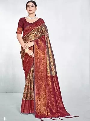 Silk Flower Border Designer Woven & Zari Work Saree With Blouse & Tassels Pallu