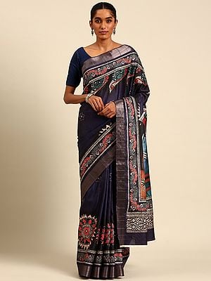 Ebony-Clay Cotton Digital Print Designer Party Wear Saree With Blouse