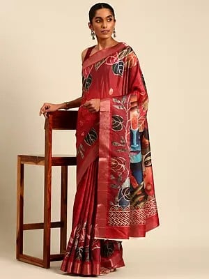 Dull-Red Flower Leaf Cotton Digital Print Designer Saree With Blouse For Festival Occasion