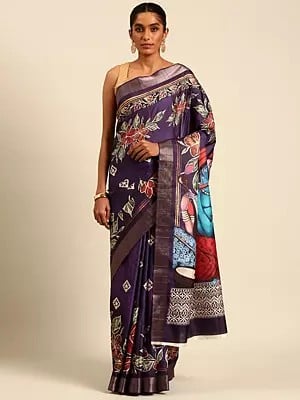 Plum-Purple Designer Flower & Leaf Cotton Digital Print Saree With Blouse For Casual Occasion