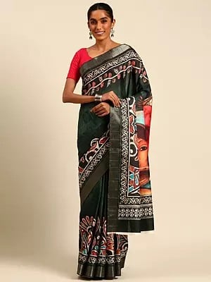 Dark-Jungle-Green Cotton Digital Print Saree With Blouse For Casual Occasion