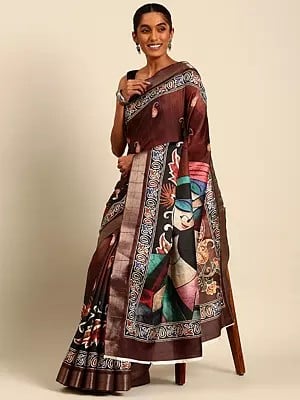 Crater-Brown Cotton Digital Print Party Wear Saree With Blouse For Casual Occasion