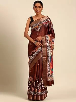 Cocoa-Bean Designer Cotton Flower And Leaf Digital Print Saree With Blouse