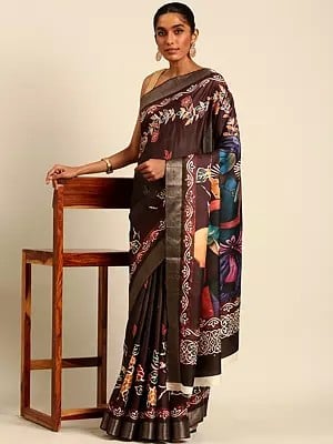 Designer Cotton Flower And Leaf Digital Print Saree With Blouse For Festival Occasion