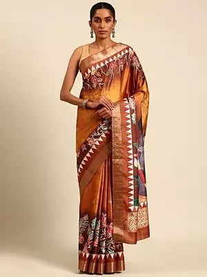 Butterscotch Cotton Digital Print Designer Festival Wear Saree With Blouse