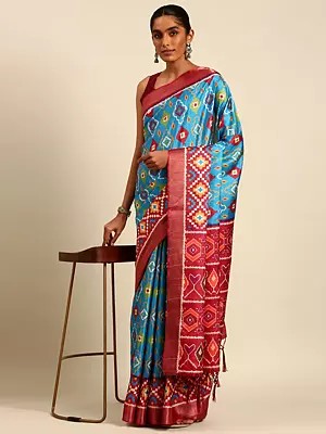 Picton-Blue Digital Print Cotton Designer Saree With Blouse & Tassels Pallu For Festival Occasion