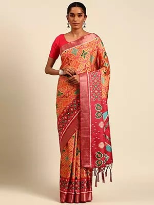 Bright-Orange Cotton Digital Print Saree With Blouse & Tassels Pallu For Occasion