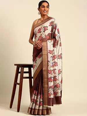 Almond Designer Cotton Flower And Leaf Pattern Digital Print Saree With Blouse For Casual Occasion