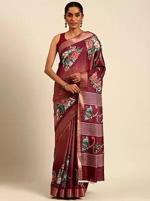 Velvet-Maroon Designer Cotton Digital Print In Strip Pattern Saree With Blouse & Flower Pallu