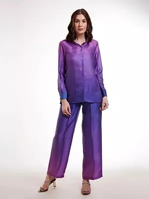 Purple-Haze Satin Full Sleeves Designer Party Wear Shirt And Pant Co-Ords Set For Women