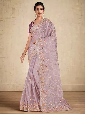 Pastel-Pink Satin Silk Floral Embroidered Designer Party Wear Saree With Blouse