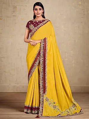 Saffron-Yellow Silk Embroidery Border With Cut-Work Details Saree With Blouse For Party Occasion