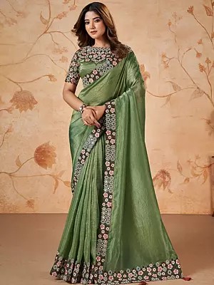 Olive-Drab Banarasi Crush Silk Cord Embroidered With Stone & Mirror Work Designer Saree With Blouse