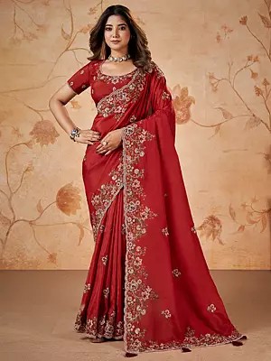 Red-Brown Silk Sequence & Cord Embroidered With Stone Work Designer Saree With Blouse