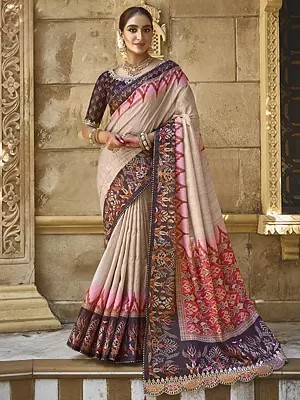Desert-Sand Silk Pure Gota Work Saree Flower And Leaf Border With Blouse & Tassels Pallu