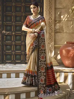 Double-Spanish-White Silk Pure Gota Work Strip Pattern Saree With Blouse & Tassles Pallu