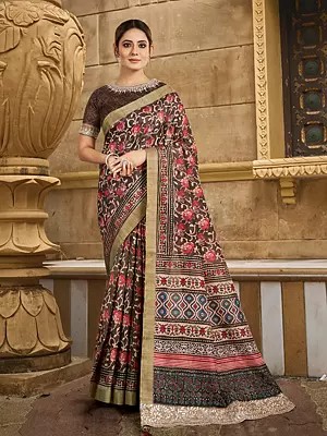 Silk Floral Print With Hand Work & Stone Work Border Designer Saree With Blouse & Tassels Pallu