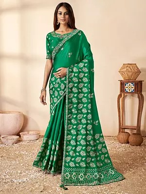 Green-Haze Silk Thread & Sequence Work Designer Saree With Blouse & Tassles Pallu