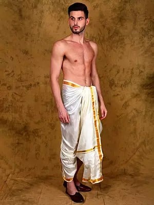 Pure Silk Zari Woven Golden Border Dhoti from Kumbakonam