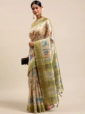 Soft Tussar Silk All Over Kalamkari Printed Designer Festive Wear Saree With Tassels Pallu