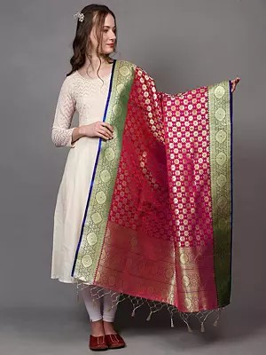 Banarasi Art Silk Dupatta with Zari Woven Golden Floral Bootis and Contrast Border