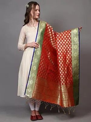 Banarasi Art Silk Dupatta with Zari Woven Golden Floral Bootis and Contrast Border