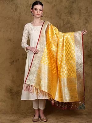 Banarasi Art Silk Dupatta with Zari Woven Golden Floral Bootis and Contrast Border