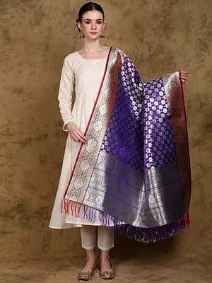 Banarasi Art Silk Dupatta with Zari Woven Golden Floral Bootis and Contrast Border