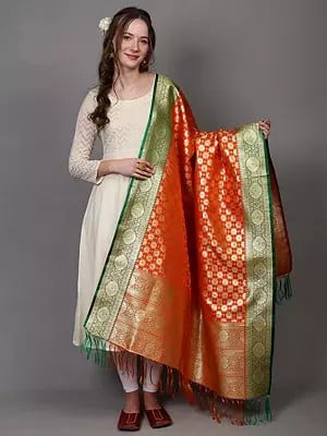 Banarasi Art Silk Dupatta with Zari Woven Golden Floral Bootis and Contrast Border