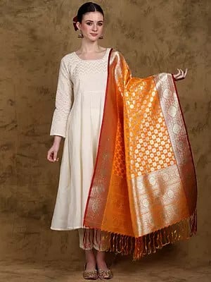 Banarasi Art Silk Dupatta with Zari Woven Golden Floral Bootis and Contrast Border