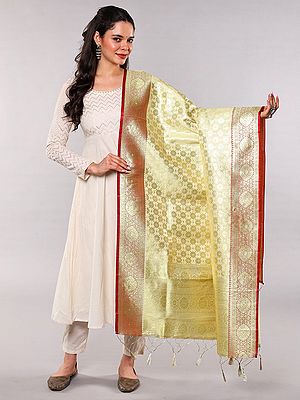 Banarasi Art Silk Dupatta with Zari Woven Golden Floral Bootis and Contrast Border