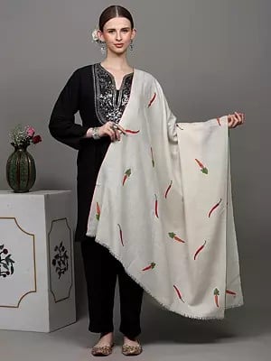 Off-White Cashmere Shawl with Chilly and Carrot Embroidery