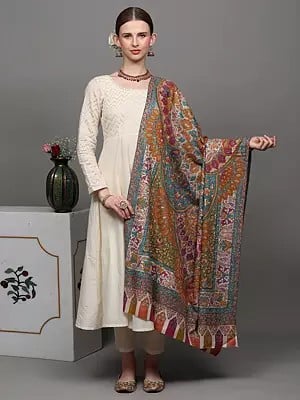 Pure Pashmina Kani Shawl with Heavily Multicolor Sozni Hand-Embroidered Paisleys and Flowers