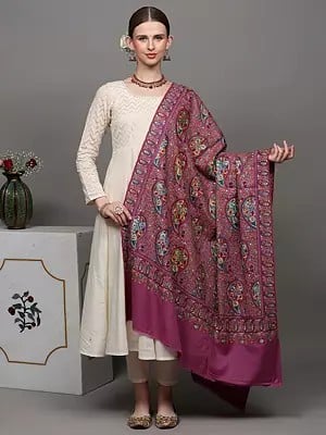 Rose-Violet Pure Pashmina Shawl with Heavily Sozni Embroidered Paisleys in Multicolor Thread