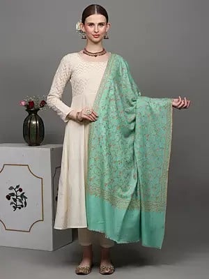 Neptune-Green Pure Pashmina Shawl with Kalka Floral Jaaldar Sozni Embroidery on All-over